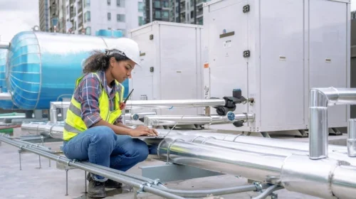 A construction worker performing maintenance on electrical equipment.