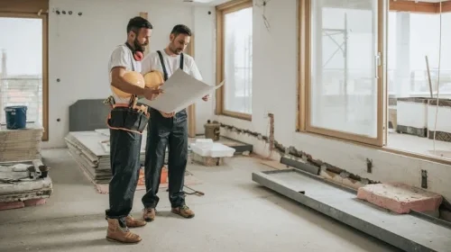 Construction workers working on rehabilitiation project. Stood in a building reading construction plans.