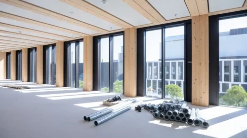 A retail shop in construction. Displaying large windows that have recently been installed.